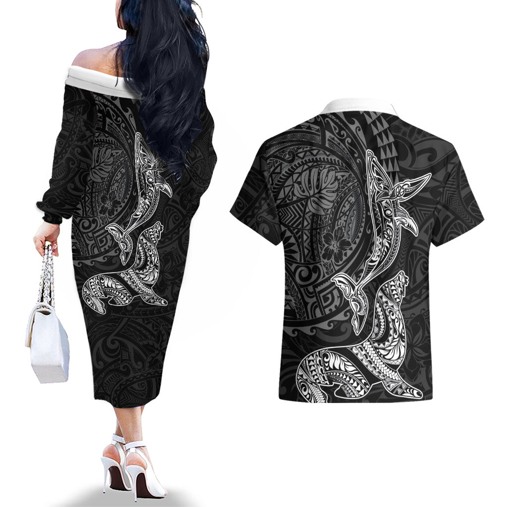 Hawaiian Monk Seal and Whale Couples Matching Off The Shoulder Long Sleeve Dress and Hawaiian Shirt Kakau Tribal Pattern Grayscale