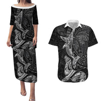 Hawaiian Monk Seal and Whale Couples Matching Puletasi and Hawaiian Shirt Kakau Tribal Pattern Grayscale