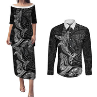 Hawaiian Monk Seal and Whale Couples Matching Puletasi and Long Sleeve Button Shirt Kakau Tribal Pattern Grayscale