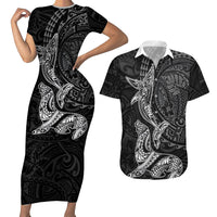 Hawaiian Monk Seal and Whale Couples Matching Short Sleeve Bodycon Dress and Hawaiian Shirt Kakau Tribal Pattern Grayscale