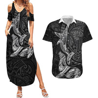 Hawaiian Monk Seal and Whale Couples Matching Summer Maxi Dress and Hawaiian Shirt Kakau Tribal Pattern Grayscale LT03 Black - Polynesian Pride