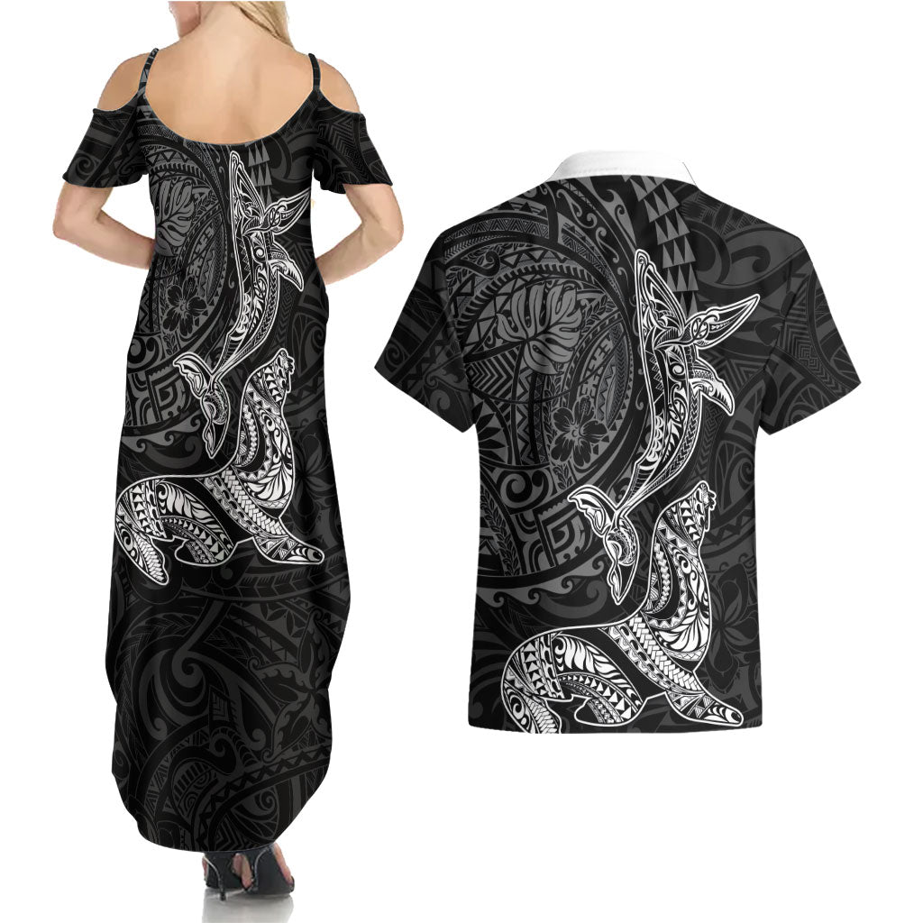 Hawaiian Monk Seal and Whale Couples Matching Summer Maxi Dress and Hawaiian Shirt Kakau Tribal Pattern Grayscale LT03 - Polynesian Pride