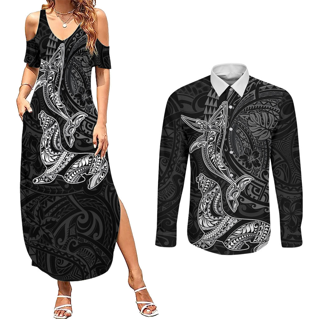 Hawaiian Monk Seal and Whale Couples Matching Summer Maxi Dress and Long Sleeve Button Shirt Kakau Tribal Pattern Grayscale LT03 Black - Polynesian Pride