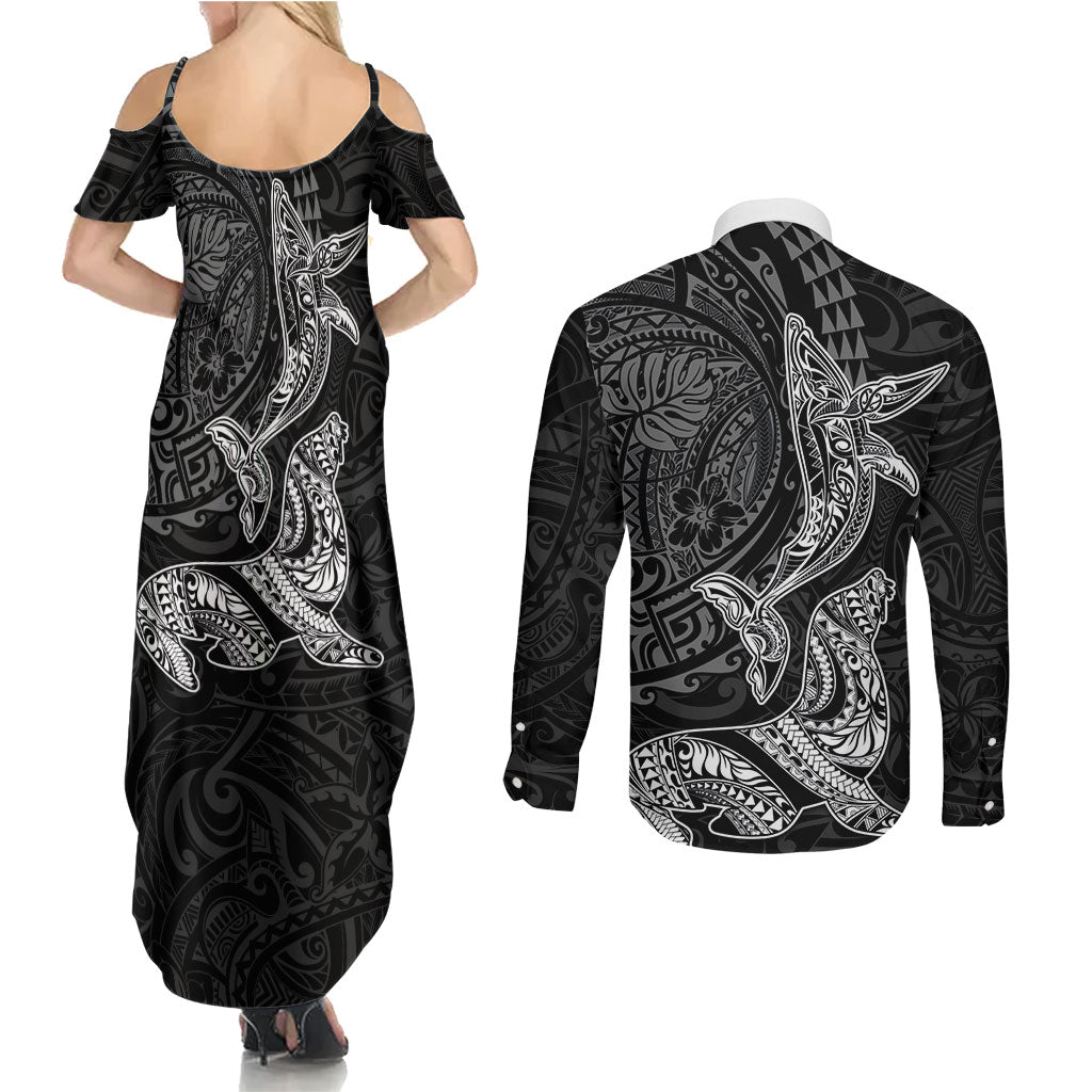 Hawaiian Monk Seal and Whale Couples Matching Summer Maxi Dress and Long Sleeve Button Shirt Kakau Tribal Pattern Grayscale LT03 - Polynesian Pride