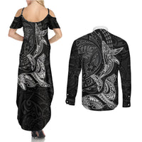 Hawaiian Monk Seal and Whale Couples Matching Summer Maxi Dress and Long Sleeve Button Shirt Kakau Tribal Pattern Grayscale LT03 - Polynesian Pride