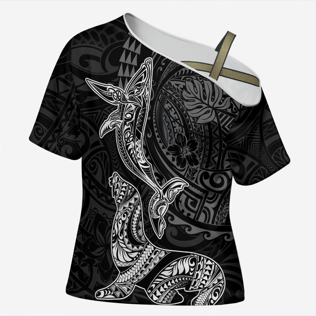Hawaiian Monk Seal and Whale Cross Shoulder Shirt Kakau Tribal Pattern Grayscale