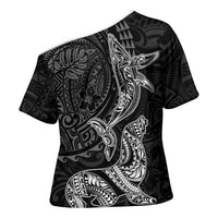 Hawaiian Monk Seal and Whale Cross Shoulder Shirt Kakau Tribal Pattern Grayscale