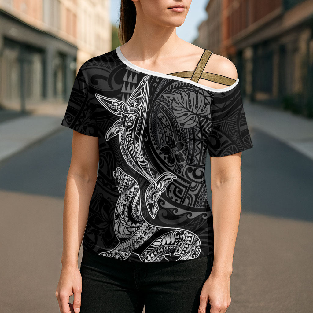 Hawaiian Monk Seal and Whale Cross Shoulder Shirt Kakau Tribal Pattern Grayscale