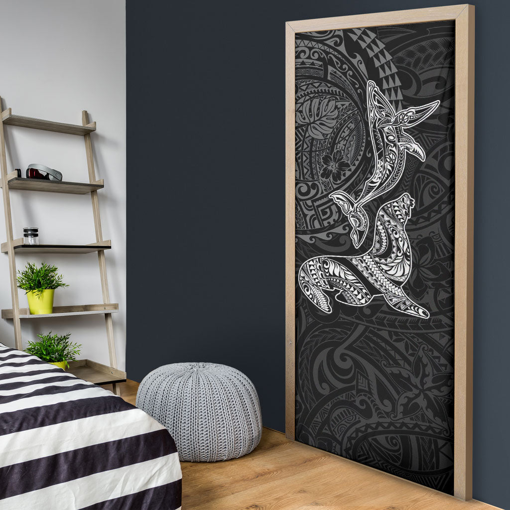 Hawaiian Monk Seal and Whale Door Cover Kakau Tribal Pattern Grayscale