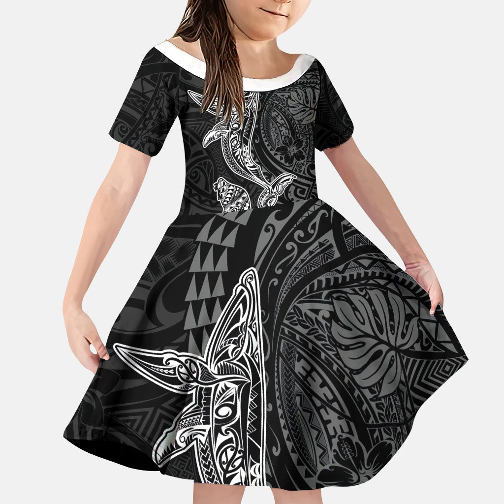 Hawaiian Monk Seal and Whale Family Matching Long Sleeve Bodycon Dress and Hawaiian Shirt Kakau Tribal Pattern Grayscale LT03 Daughter's Dress Black - Polynesian Pride