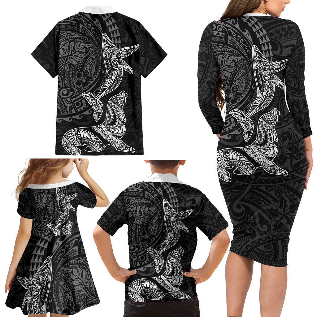 Hawaiian Monk Seal and Whale Family Matching Long Sleeve Bodycon Dress and Hawaiian Shirt Kakau Tribal Pattern Grayscale LT03 - Polynesian Pride
