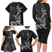 Hawaiian Monk Seal and Whale Family Matching Long Sleeve Bodycon Dress and Hawaiian Shirt Kakau Tribal Pattern Grayscale LT03 - Polynesian Pride