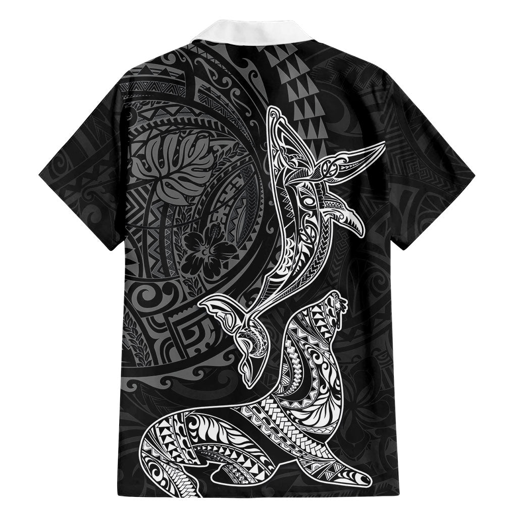 Hawaiian Monk Seal and Whale Family Matching Long Sleeve Bodycon Dress and Hawaiian Shirt Kakau Tribal Pattern Grayscale LT03 - Polynesian Pride