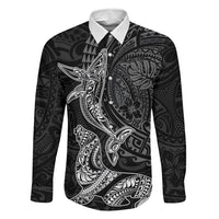Hawaiian Monk Seal and Whale Family Matching Mermaid Dress and Hawaiian Shirt Kakau Tribal Pattern Grayscale LT03 Dad's Shirt - Long Sleeve Black - Polynesian Pride