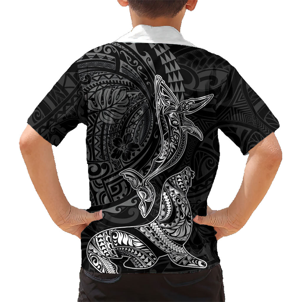Hawaiian Monk Seal and Whale Family Matching Off The Shoulder Long Sleeve Dress and Hawaiian Shirt Kakau Tribal Pattern Grayscale LT03 - Polynesian Pride