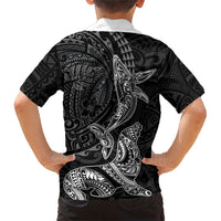 Hawaiian Monk Seal and Whale Family Matching Off The Shoulder Long Sleeve Dress and Hawaiian Shirt Kakau Tribal Pattern Grayscale LT03 - Polynesian Pride