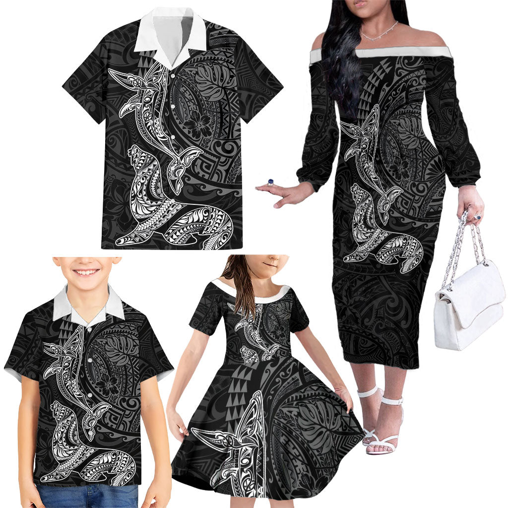 Hawaiian Monk Seal and Whale Family Matching Off The Shoulder Long Sleeve Dress and Hawaiian Shirt Kakau Tribal Pattern Grayscale LT03 - Polynesian Pride