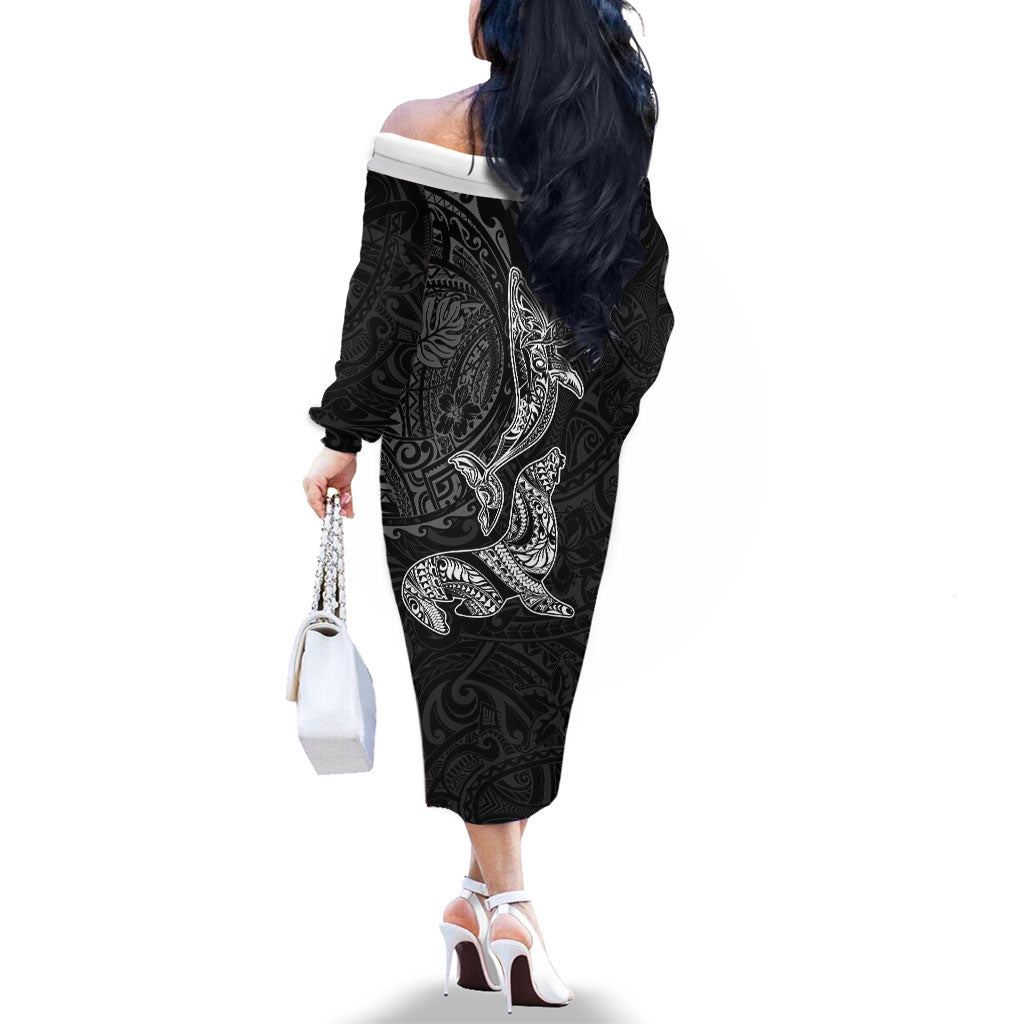 Hawaiian Monk Seal and Whale Family Matching Off The Shoulder Long Sleeve Dress and Hawaiian Shirt Kakau Tribal Pattern Grayscale LT03 - Polynesian Pride