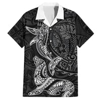 Hawaiian Monk Seal and Whale Family Matching Off Shoulder Maxi Dress and Hawaiian Shirt Kakau Tribal Pattern Grayscale LT03 Dad's Shirt - Short Sleeve Black - Polynesian Pride