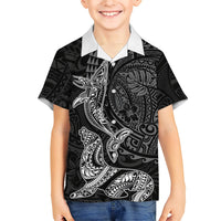 Hawaiian Monk Seal and Whale Family Matching Off Shoulder Maxi Dress and Hawaiian Shirt Kakau Tribal Pattern Grayscale LT03 Son's Shirt Black - Polynesian Pride