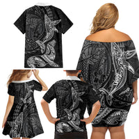 Hawaiian Monk Seal and Whale Family Matching Off Shoulder Short Dress and Hawaiian Shirt Kakau Tribal Pattern Grayscale LT03 - Polynesian Pride