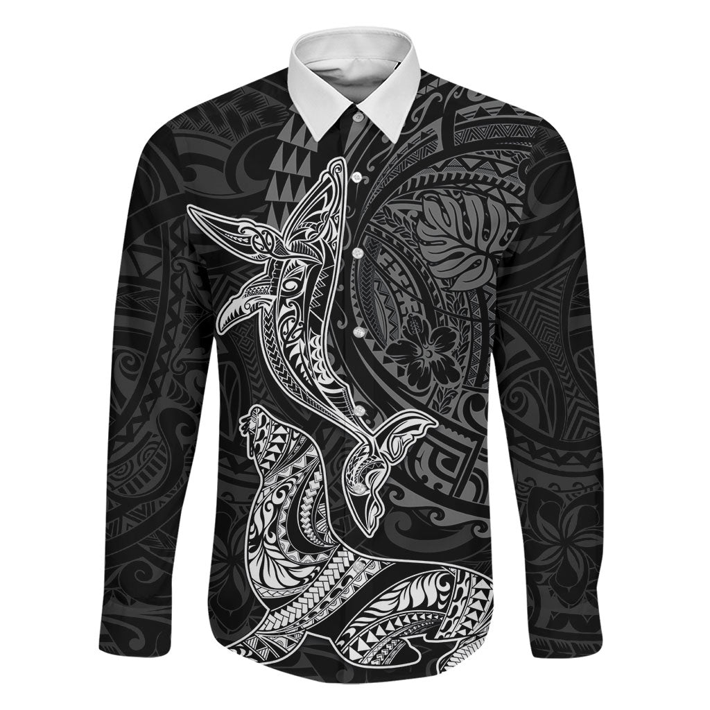 Hawaiian Monk Seal and Whale Family Matching Off Shoulder Short Dress and Hawaiian Shirt Kakau Tribal Pattern Grayscale LT03 Dad's Shirt - Long Sleeve Black - Polynesian Pride
