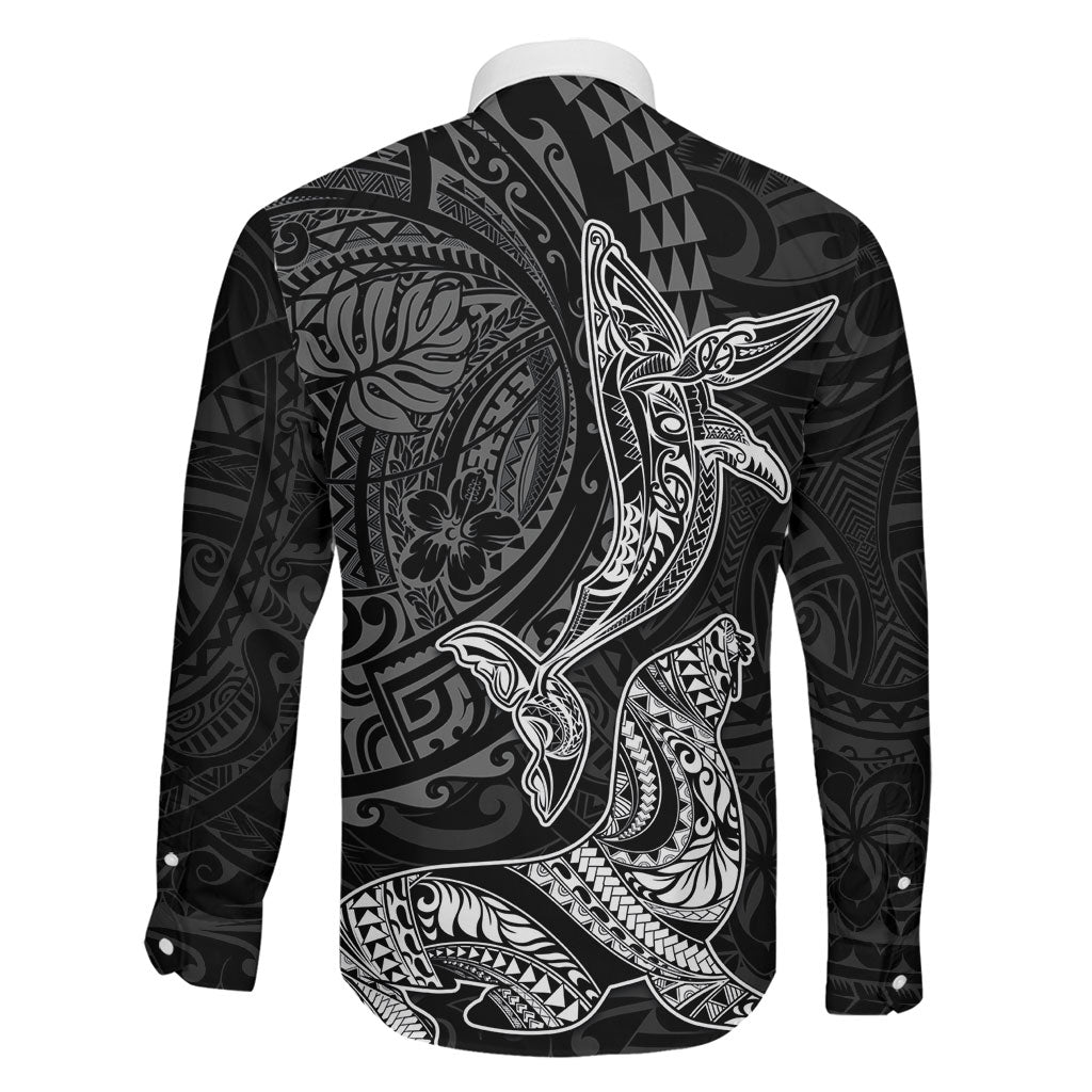 Hawaiian Monk Seal and Whale Family Matching Puletasi and Hawaiian Shirt Kakau Tribal Pattern Grayscale