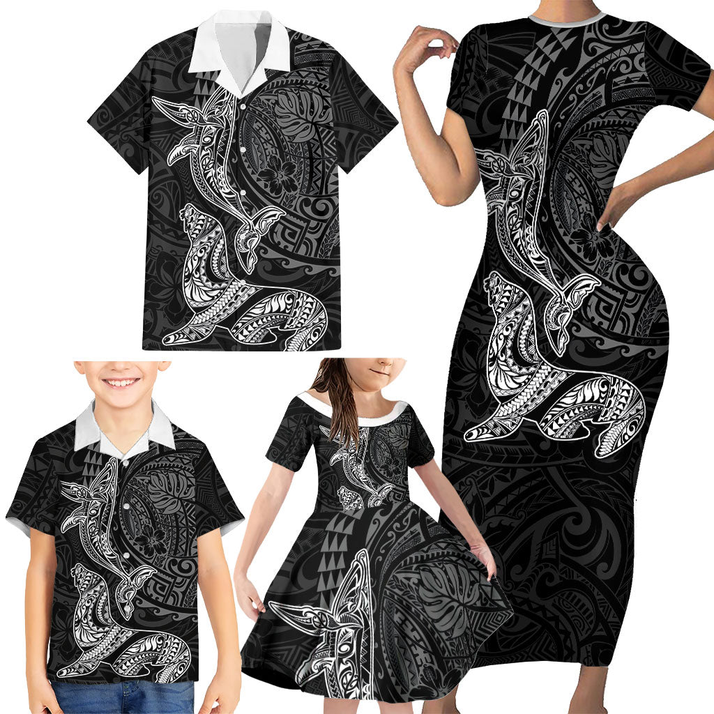 Hawaiian Monk Seal and Whale Family Matching Short Sleeve Bodycon Dress and Hawaiian Shirt Kakau Tribal Pattern Grayscale LT03 - Polynesian Pride