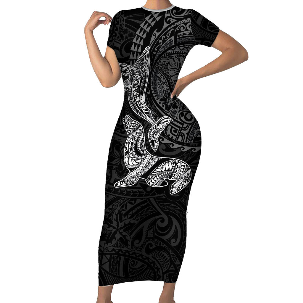 Hawaiian Monk Seal and Whale Family Matching Short Sleeve Bodycon Dress and Hawaiian Shirt Kakau Tribal Pattern Grayscale LT03 Mom's Dress Black - Polynesian Pride