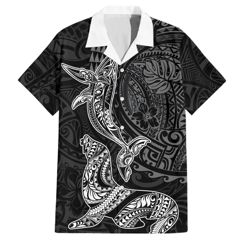 Hawaiian Monk Seal and Whale Family Matching Summer Maxi Dress and Hawaiian Shirt Kakau Tribal Pattern Grayscale LT03 Dad's Shirt - Short Sleeve Black - Polynesian Pride