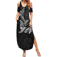 Hawaiian Monk Seal and Whale Family Matching Summer Maxi Dress and Hawaiian Shirt Kakau Tribal Pattern Grayscale LT03 Mom's Dress Black - Polynesian Pride