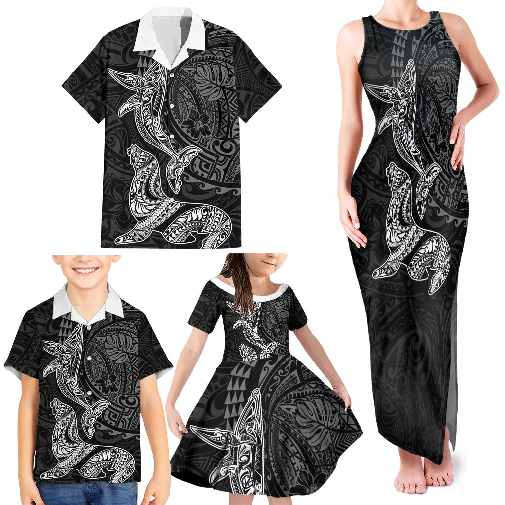 Hawaiian Monk Seal and Whale Family Matching Tank Maxi Dress and Hawaiian Shirt Kakau Tribal Pattern Grayscale