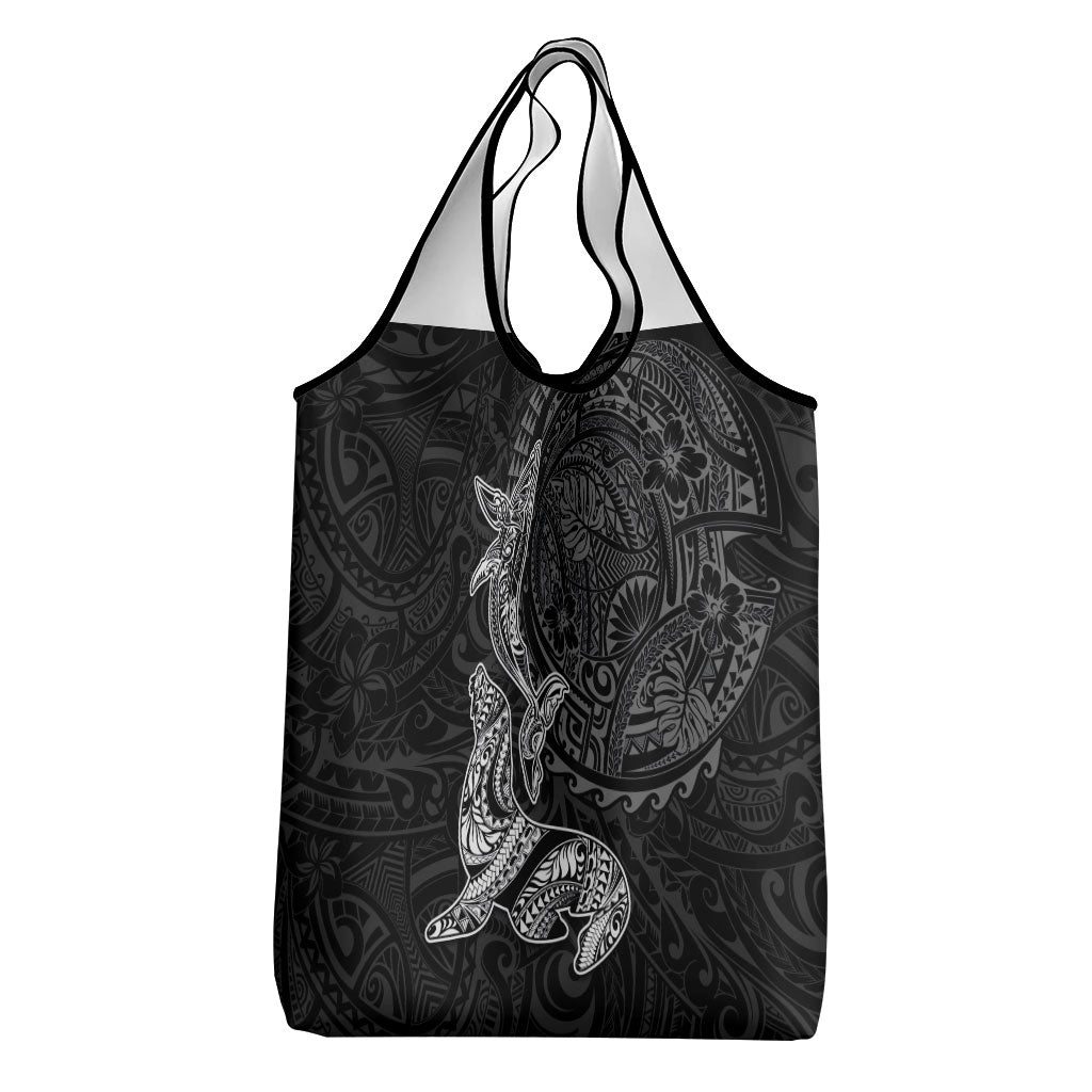 Hawaiian Monk Seal and Whale Grocery Bag Kakau Tribal Pattern Grayscale