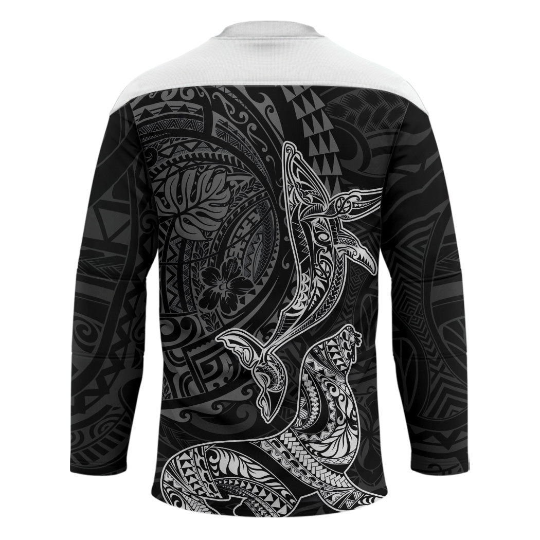 Hawaiian Monk Seal and Whale Hockey Jersey Kakau Tribal Pattern Grayscale