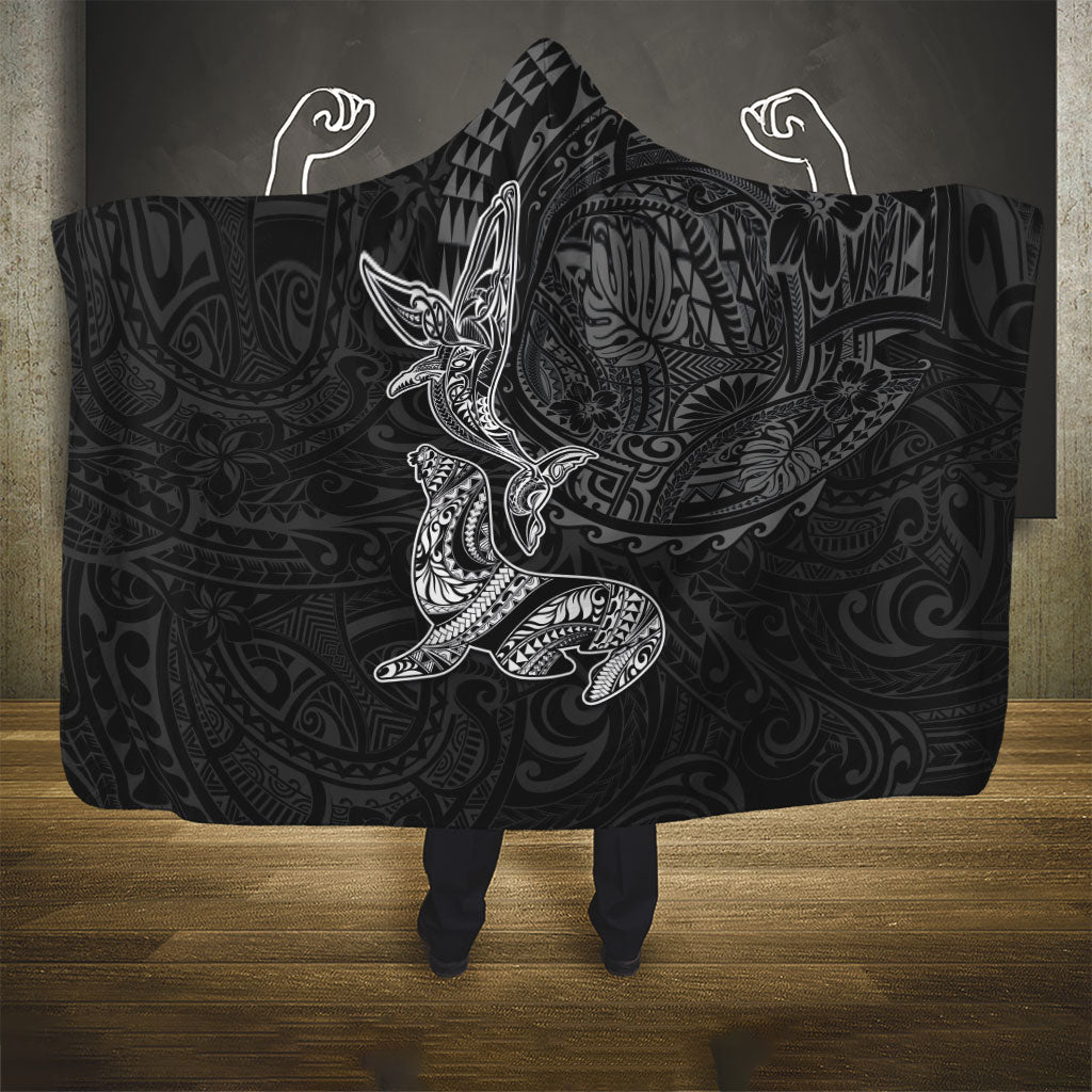 Hawaiian Monk Seal and Whale Hooded Blanket Kakau Tribal Pattern Grayscale