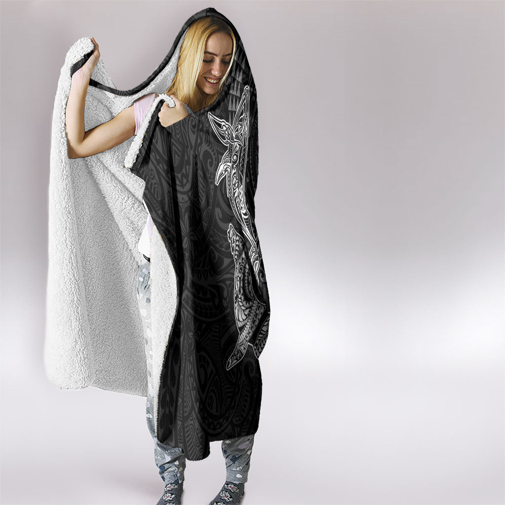 Hawaiian Monk Seal and Whale Hooded Blanket Kakau Tribal Pattern Grayscale