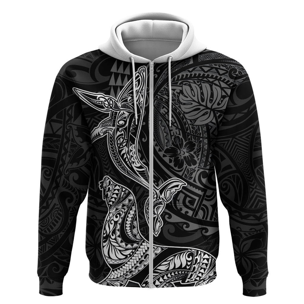 Hawaiian Monk Seal and Whale Hoodie Kakau Tribal Pattern Grayscale