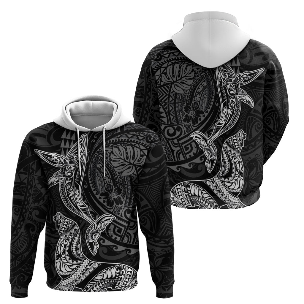 Hawaiian Monk Seal and Whale Hoodie Kakau Tribal Pattern Grayscale