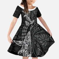 Hawaiian Monk Seal and Whale Kid Short Sleeve Dress Kakau Tribal Pattern Grayscale