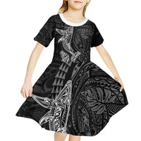 Hawaiian Monk Seal and Whale Kid Short Sleeve Dress Kakau Tribal Pattern Grayscale