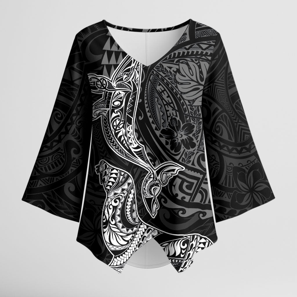 Hawaiian Monk Seal and Whale Kimono Sleeve Blouse Kakau Tribal Pattern Grayscale