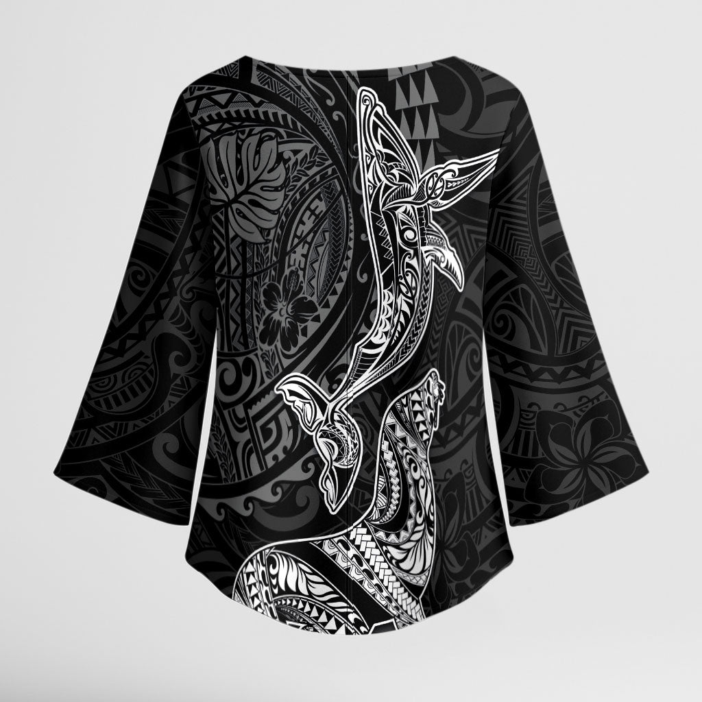 Hawaiian Monk Seal and Whale Kimono Sleeve Blouse Kakau Tribal Pattern Grayscale