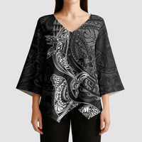 Hawaiian Monk Seal and Whale Kimono Sleeve Blouse Kakau Tribal Pattern Grayscale
