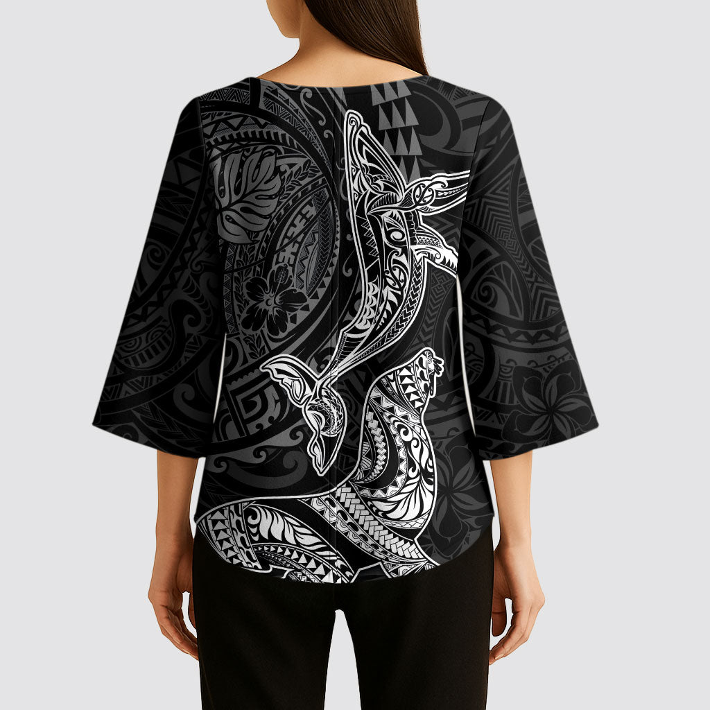 Hawaiian Monk Seal and Whale Kimono Sleeve Blouse Kakau Tribal Pattern Grayscale