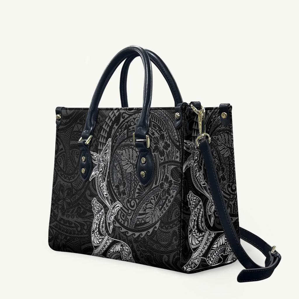 Hawaiian Monk Seal and Whale Leather Bag Kakau Tribal Pattern Grayscale