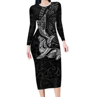 Hawaiian Monk Seal and Whale Long Sleeve Bodycon Dress Kakau Tribal Pattern Grayscale