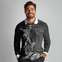 Hawaiian Monk Seal and Whale Long Sleeve Polo Shirt Kakau Tribal Pattern Grayscale