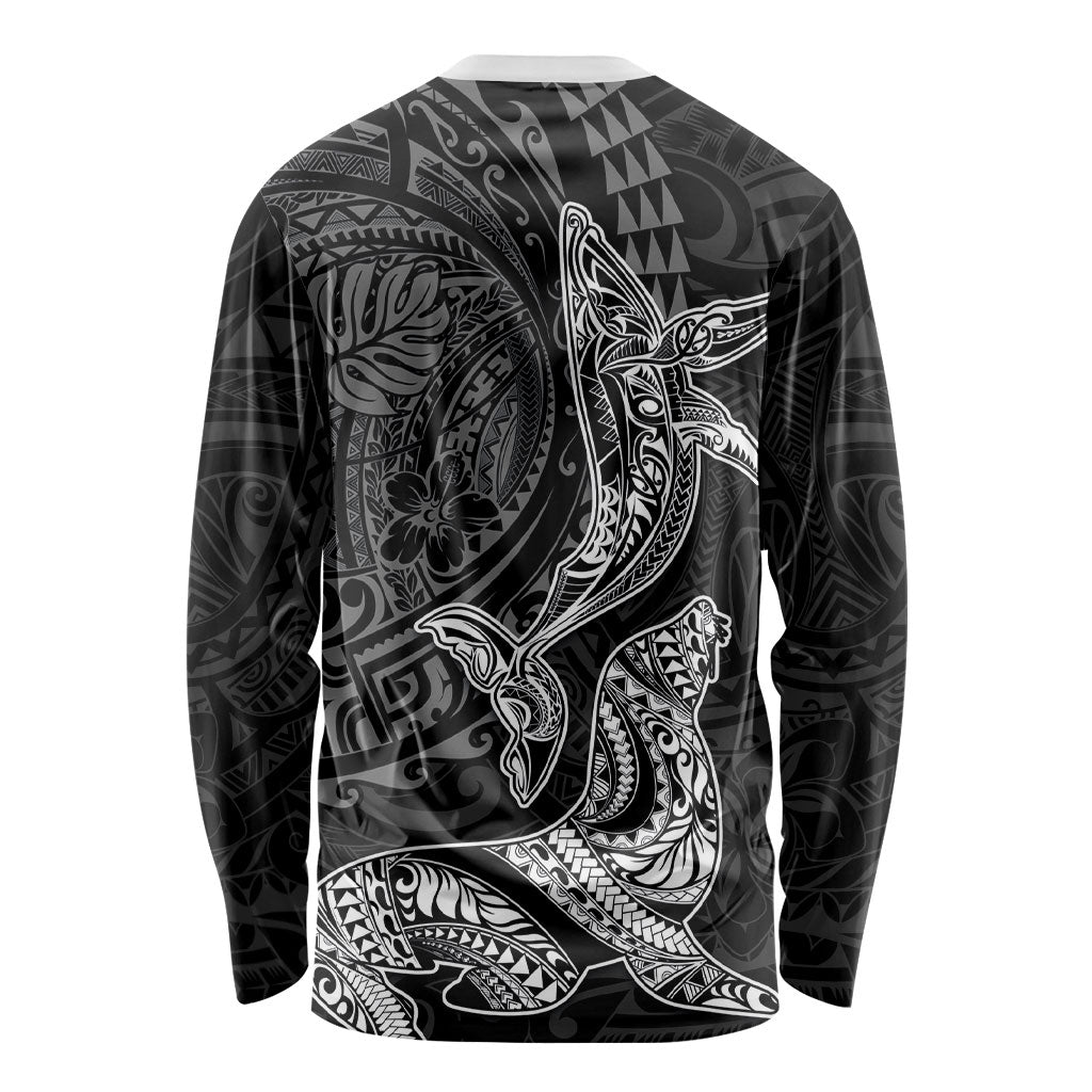Hawaiian Monk Seal and Whale Long Sleeve Shirt Kakau Tribal Pattern Grayscale