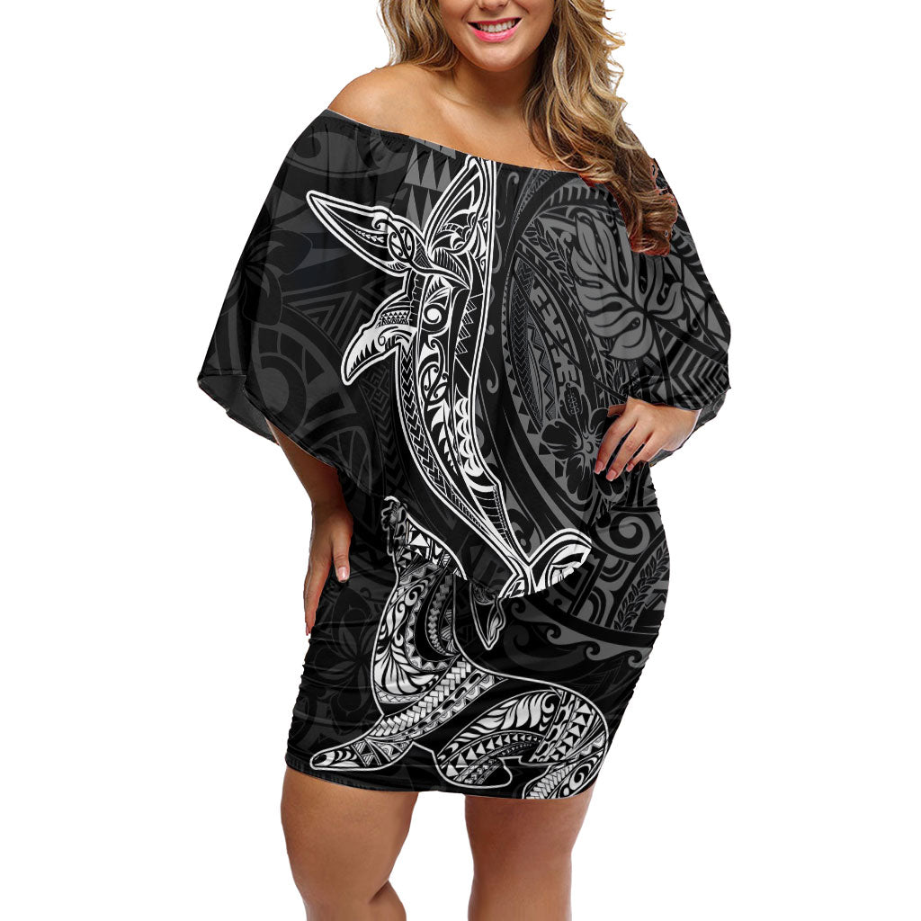 Hawaiian Monk Seal and Whale Off Shoulder Short Dress Kakau Tribal Pattern Grayscale