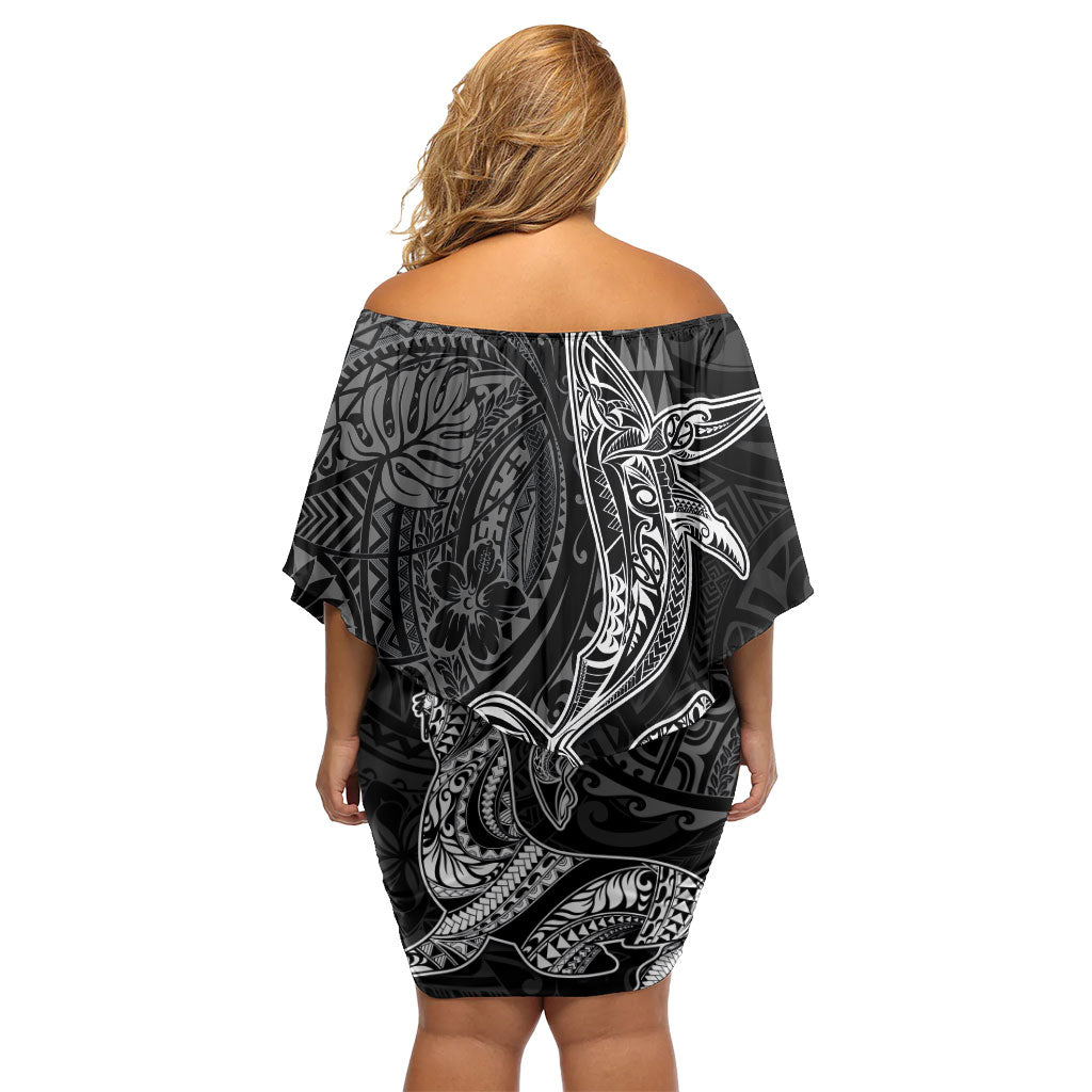 Hawaiian Monk Seal and Whale Off Shoulder Short Dress Kakau Tribal Pattern Grayscale